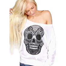 Rock Punk Women T-Shirts Casual Loose Skull Printing Off The Shoulder Long-sleeved T-shirt Tops camisetas y tops IMY66