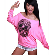 Rock Punk Women T-Shirts Casual Loose Skull Printing Off The Shoulder Long-sleeved T-shirt Tops camisetas y tops IMY66