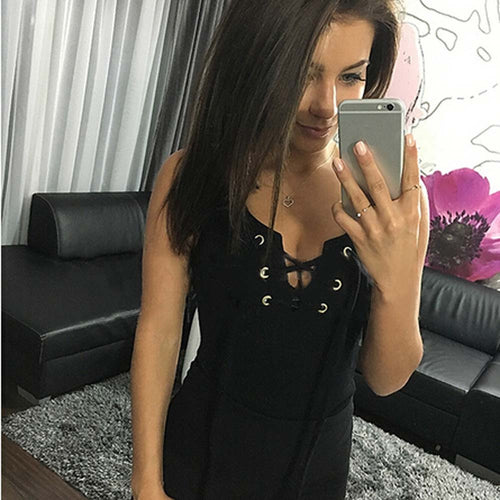 Romper Women Jumpsuit Sexy Deep V Neck Lace Up Bodycon Sleeveless Playsuit Metal Bodysuit Macacao Feminino Overall IMY66