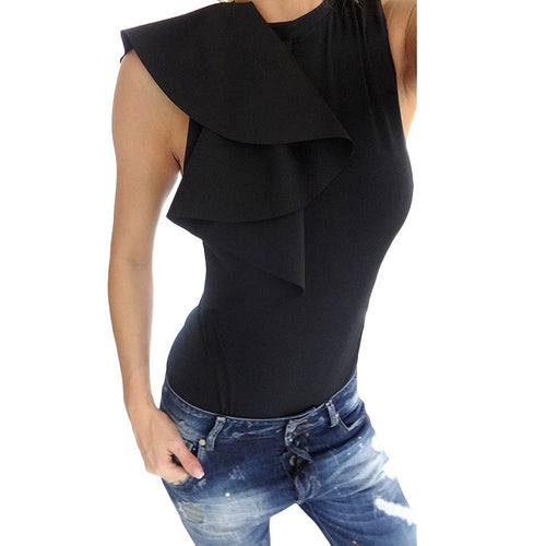 Ruffle White Sleeveless Sexy Bodysuit Women Short Elegant Jumpsuit Romper Zipper One Piece Bodysuit Top macacao feminino IMY66