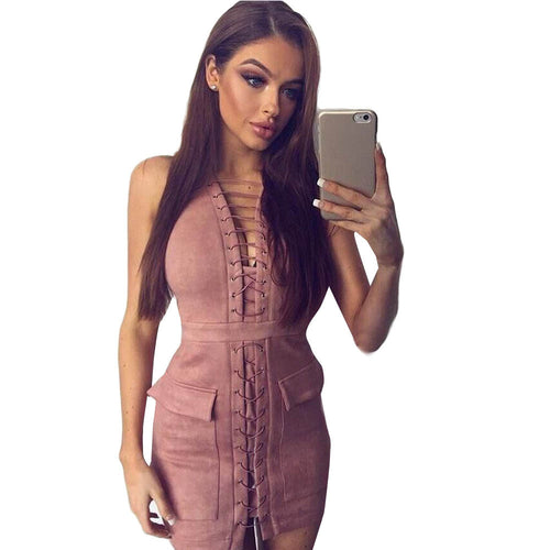 Sexy Dress For Womens Ladies Lace Up Pocket Sleeveless Bandage Bodycon Party Mini Dress vestidos femininos IMY66