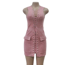 Sexy Dress For Womens Ladies Lace Up Pocket Sleeveless Bandage Bodycon Party Mini Dress vestidos femininos IMY66