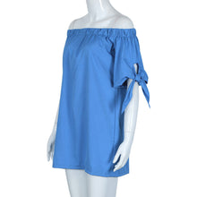 Sexy Blouse Women Beach Short Sleeve Bow Blue Off Shoulder Female Long Blouse Shirt Tops Dress blusa feminino IMY66