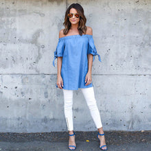 Sexy Blouse Women Beach Short Sleeve Bow Blue Off Shoulder Female Long Blouse Shirt Tops Dress blusa feminino IMY66