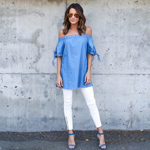 Sexy Blouse Women Beach Short Sleeve Bow Blue Off Shoulder Female Long Blouse Shirt Tops Dress blusa feminino IMY66