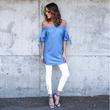 Sexy Blouse Women Beach Short Sleeve Bow Blue Off Shoulder Female Long Blouse Shirt Tops Dress blusa feminino IMY66