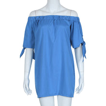 Sexy Blouse Women Beach Short Sleeve Bow Blue Off Shoulder Female Long Blouse Shirt Tops Dress blusa feminino IMY66