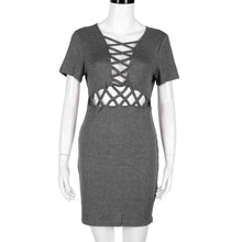 Sexy Club Dress For Women Lace Up Short Sleeve Knitted Hollow Bandage Party Mini Club Dress vestidos femininos IMY66