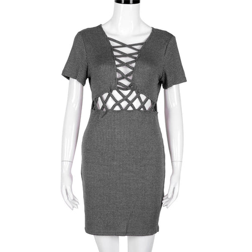 Sexy Club Dress For Women Lace Up Short Sleeve Knitted Hollow Bandage Party Mini Club Dress vestidos femininos IMY66