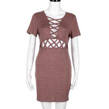 Sexy Club Dress For Women Lace Up Short Sleeve Knitted Hollow Bandage Party Mini Club Dress vestidos femininos IMY66