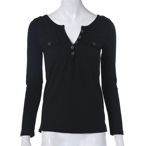 Sexy Deep V Neck T-Shirt Women Long Sleeve Pocket Button Tee Shirt Top tee shirt femme camisetas feminina vetement femme IMY66