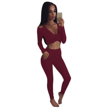 Sexy Deep V neck Jumpsuit Women Off Shoulder Long Sleeve Bodycon Rompers Playsuit Two pieces Set Crop Tops&Long Pants IMY66