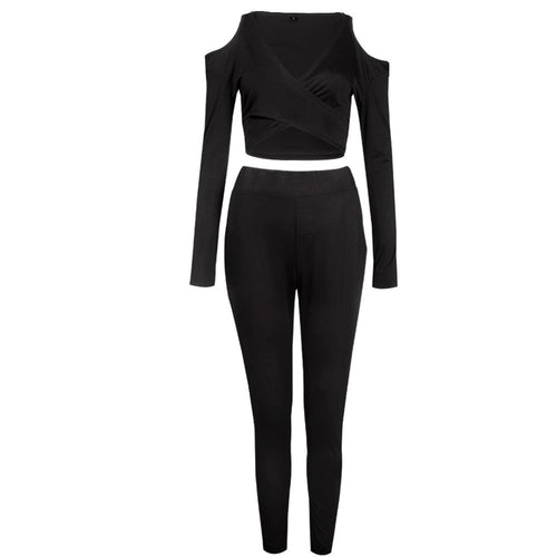 Sexy Deep V neck Jumpsuit Women Off Shoulder Long Sleeve Bodycon Rompers Playsuit Two pieces Set Crop Tops&Long Pants IMY66