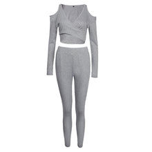 Sexy Deep V neck Jumpsuit Women Off Shoulder Long Sleeve Bodycon Rompers Playsuit Two pieces Set Crop Tops&Long Pants IMY66