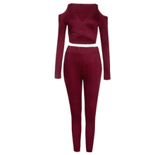 Sexy Deep V neck Jumpsuit Women Off Shoulder Long Sleeve Bodycon Rompers Playsuit Two pieces Set Crop Tops&Long Pants IMY66