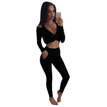 Sexy Deep V neck Jumpsuit Women Off Shoulder Long Sleeve Bodycon Rompers Playsuit Two pieces Set Crop Tops&Long Pants IMY66