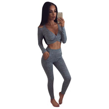 Sexy Deep V neck Jumpsuit Women Off Shoulder Long Sleeve Bodycon Rompers Playsuit Two pieces Set Crop Tops&Long Pants IMY66