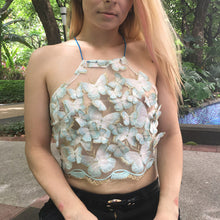 Sexy Halter Transparent Bustier Crop Tops Women Lace up Backless Tank Tops Elegant Gauze Sequin 3d Butterfly Club Camis IMY66