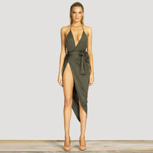 Sexy Halter V neck Backless Dress High Waist Pleated Belt Bow Split Party Club Bandage Dresses Vestido Femininos IMY66