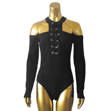 Sexy Rompers Women Jumpsuit Off Shoulder Lace Up Long Sleeve Hollow Out Bandage Bodysuits Tops Blouse Tee Shirt IMY66