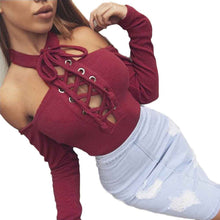 Sexy Rompers Women Jumpsuit Off Shoulder Lace Up Long Sleeve Hollow Out Bandage Bodysuits Tops Blouse Tee Shirt IMY66