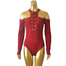 Sexy Rompers Women Jumpsuit Off Shoulder Lace Up Long Sleeve Hollow Out Bandage Bodysuits Tops Blouse Tee Shirt IMY66