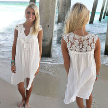 Sexy White Dress Women Ladies Lace Hollow Beach Boho Sleeveless Party Mini Dress vestidos feminino IMY66