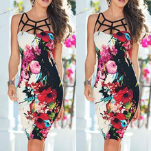 Sexy Women Bandage Bodycon Dress Ladies Sleeveless Floral Print Hollow Party Mini Dress vestidos femininos IMY66