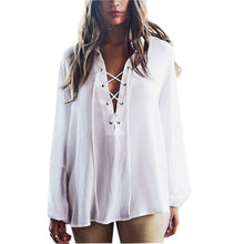 Sexy Women Chiffon BlouseS Loose Lace Up Bandage Long Sleeve Tops Shirt Blouse Cover Up Blusas feminina IMY66
