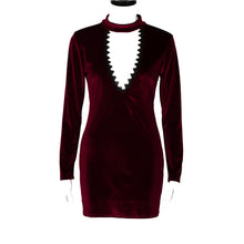 Sexy Women Choker Dress Deep V Neck Long Sleeve Lace Velvet Bodycon Sheath Party Mini Dress vestidos de festa IMY66