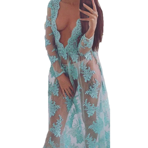 Sexy Women Dress See Through Lace Mesh Long Sleeve Casual Evening Party Long Maxi Dress vestidos femininos IMY66