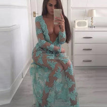 Sexy Women Dress See Through Lace Mesh Long Sleeve Casual Evening Party Long Maxi Dress vestidos femininos IMY66