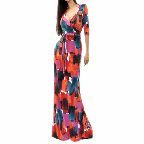 Sexy Women Long Dress Floral Print Package Dress Casual V-neck Long Sleeve Bodycon Maxi Dresses Vestido Feminino IMY66