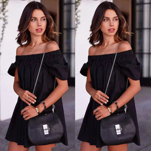 Sexy Women Off Shoulder Black Dress Casual Loose Short Sleeve Shirt Tops Shirt Mini Dress Party Dress vestidos femininos IMY66