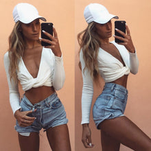 Sexy Women Short T-Shirts Deep V-Neck Cross Slim Crop Tops Long Sleeve Tee Shirt femme Camisetas Feminina IMY66