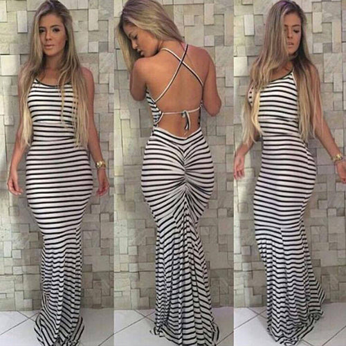 Sexy Women Stripe Dress Boho Sleeveless Backless Long Maxi Evening Party Bandage Dress Vestidos femininos IMY66