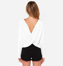 Sexy Women T-Shirts Long Sleeved Pleated Cross Wrap Draped Backless Tee Shirt Tops camisetas y tops Blusas Femininas IMY66