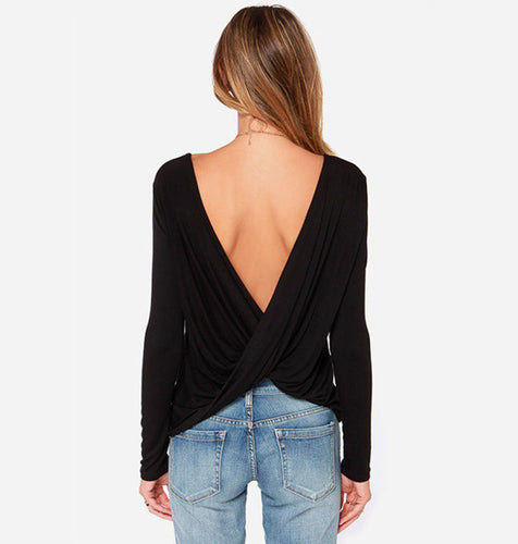Sexy Women T-Shirts Long Sleeved Pleated Cross Wrap Draped Backless Tee Shirt Tops camisetas y tops Blusas Femininas IMY66