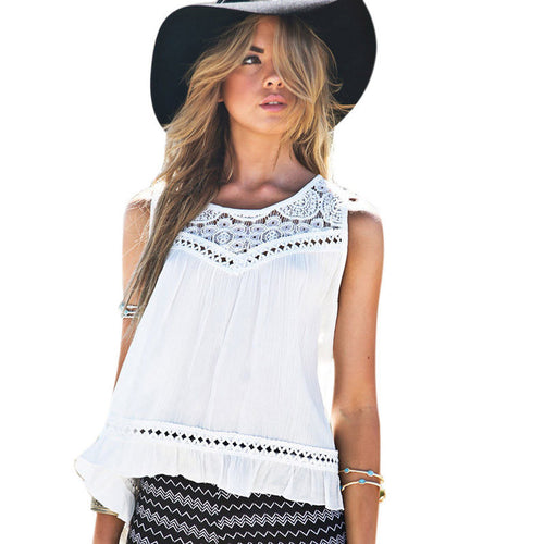 Boho Women Chiffon Blouse Lace Crochet Vest Tank Tops Casual Sleeveless O-neck Tops Shirt Blouses blusas IMY66