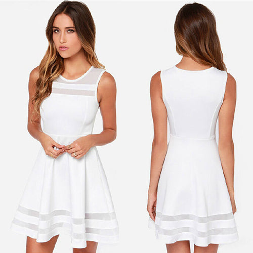 Dresses For Women Sexy Hollow Splice Dresses Casual O-Neck Sleeveless White Party Short Dress vestidos robe IMY66