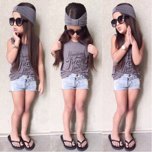 Kid Baby Girls Sleelvess T-Shirts Vest Tops+Jeans Pants Shorts+Scarf Headband Suit Outfit Kids Girls Clothing Set IMY66