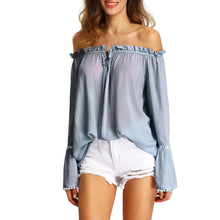 Sexy Off Shoulder Tops Slash Neck Shirts Women Casual Long Sleeve Slim Ruffles Flare Sleeve Blouse blusa feminina IMY66