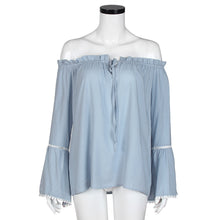 Sexy Off Shoulder Tops Slash Neck Shirts Women Casual Long Sleeve Slim Ruffles Flare Sleeve Blouse blusa feminina IMY66