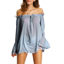 Sexy Off Shoulder Tops Slash Neck Shirts Women Casual Long Sleeve Slim Ruffles Flare Sleeve Blouse blusa feminina IMY66