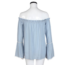 Sexy Off Shoulder Tops Slash Neck Shirts Women Casual Long Sleeve Slim Ruffles Flare Sleeve Blouse blusa feminina IMY66