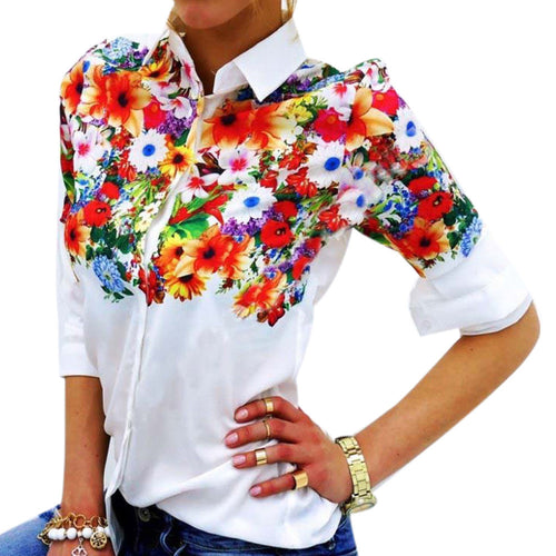 Sexy Playful Floral Butterfly Print White Chiffon Women Blouses Turn-down Collar Tops Lady Shirt blusa IMY66