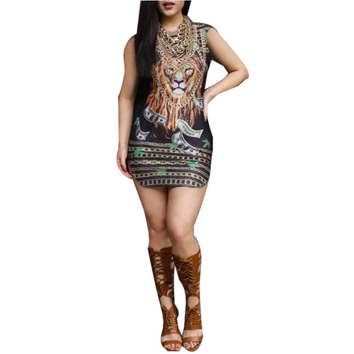 Sexy Women Vest Dress Boho 3D Lion Print Sleeveless Party Beach Mini Dress Sundresses Vestidos femininos IMY66