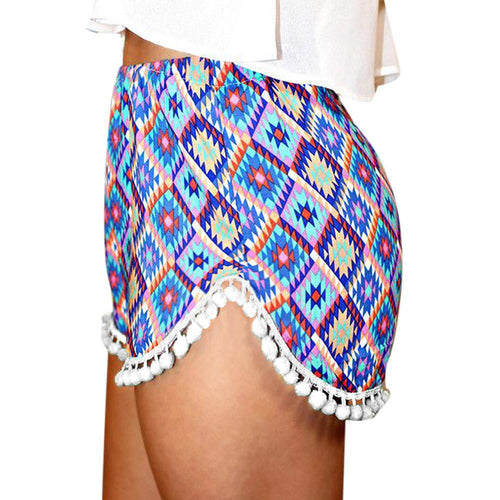 Shorts Women Ball Tassel Trim Geometry Print Elastic High Waist Shorts Boho style Pom Pom Shorts IMY66