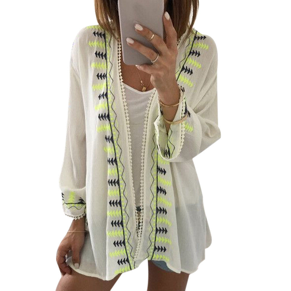 Style Women Casual Blouse Vintage Boho Embroidery Kimono Cardigan Chiffon Blouse Loose Outwear Cover Up Tops IMY66