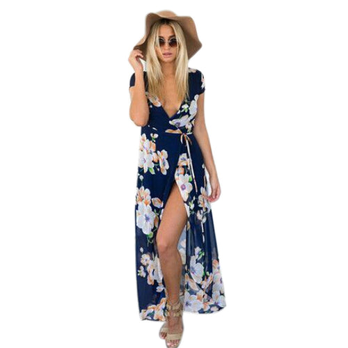 Style Bohemia Boho Women Dresses Sexy Deep V Neck Floral Printed Chiffon Open Fork Long Dress vestidos femininos IMY66